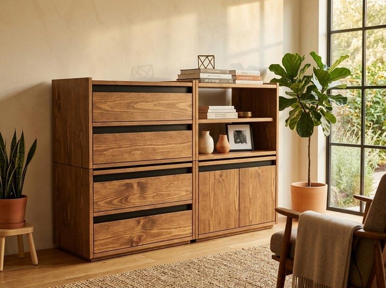 May include: A modular wooden storage unit featuring four stacked drawers on the left side and an open shelving section with two lower cabinet doors on the right. The unit is constructed from light brown wood with black horizontal accents.