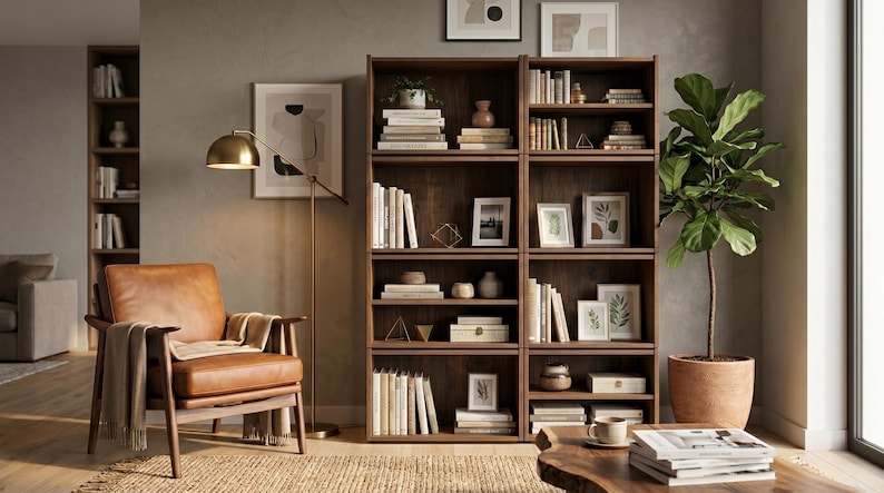 May include: A tall, dark wood double bookcase with multiple shelves filled with books, framed pictures, and decorative objects. The unit stands next to a tan leather armchair, a brass floor lamp, and a potted green plant on a woven rug.
