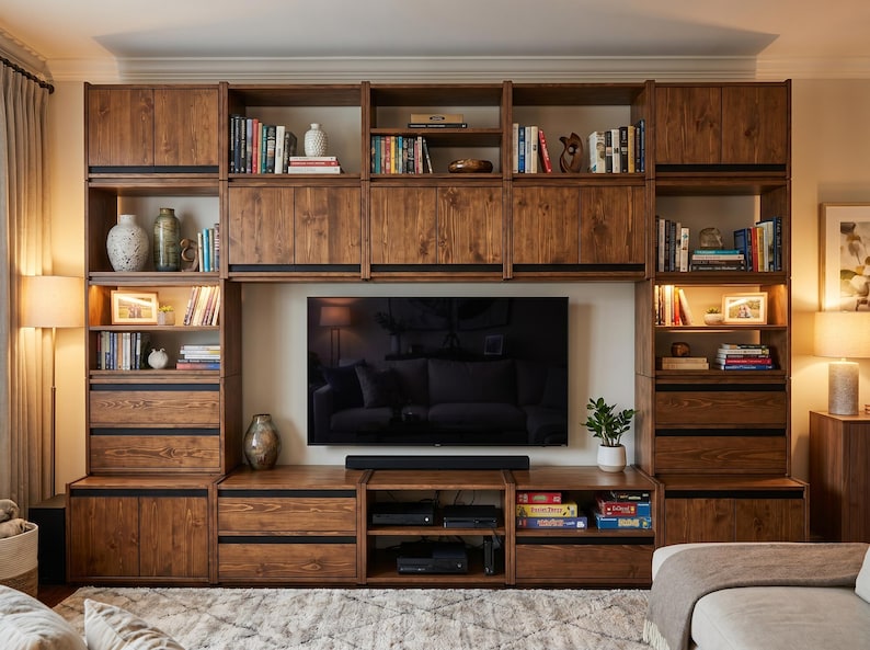 May include: A large, floor-to-ceiling wooden wall unit featuring a dark brown finish with visible wood grain. The unit includes multiple open shelves, closed cabinets, and drawers, surrounding a central television and a black soundbar.
