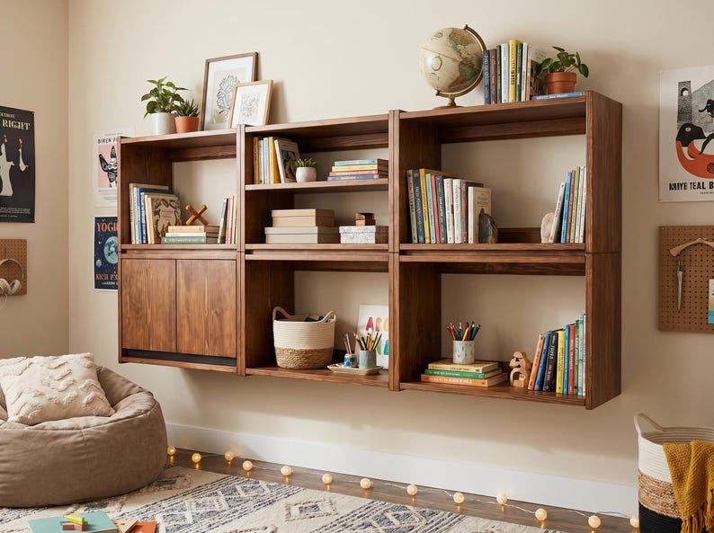 May include: A modular wall-mounted wooden shelving unit consisting of three connected sections with open shelves and a lower cabinet with two doors. The unit holds various books, a globe, small potted plants, a woven basket, and art supplies.