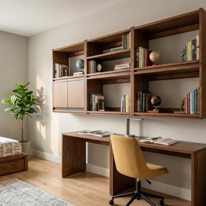 May include: A wall-mounted wooden shelving unit with multiple compartments, featuring books, globes, and a closed cabinet section. Below the shelves is a long wooden desk with a mustard yellow office chair and a silver desk lamp on the surface.