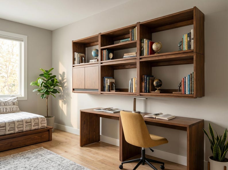 May include: A wall-mounted wooden shelving unit with multiple compartments, featuring books, globes, and a closed cabinet section. Below the shelves is a long wooden desk with a mustard yellow office chair and a silver desk lamp on the surface.