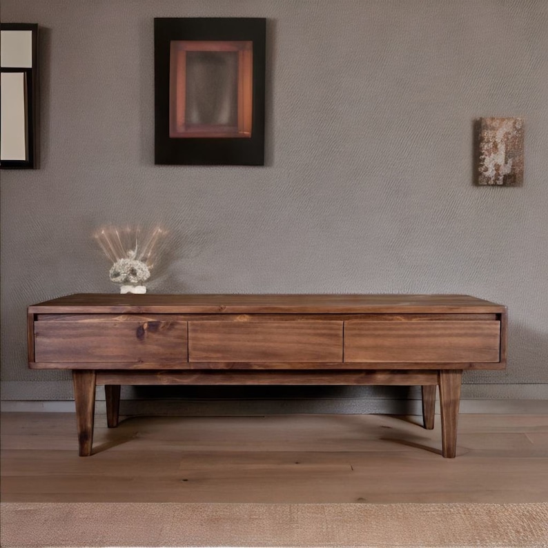 Solid Pine Low Board TV Stand | Nordic Rustic 3 Drawer Media Console image 14