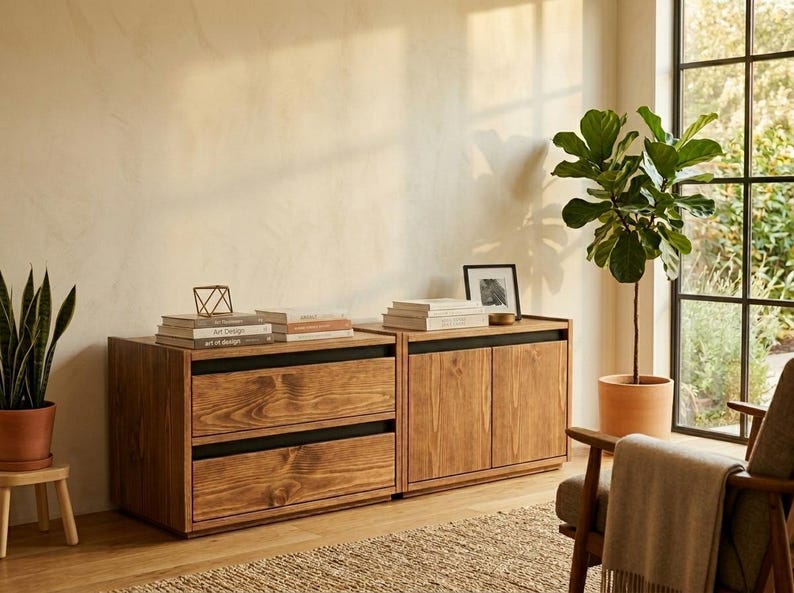 May include: A low-profile wooden storage unit featuring two stacked drawers on the left and a two-door cabinet on the right. The piece is constructed from light brown wood with visible grain and accented by horizontal black recessed drawer pulls.