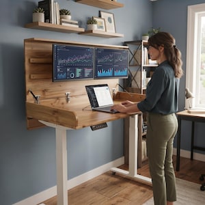 Può includere: Una scrivania in legno a parete con telaio regolabile bianco, dotata di due monitor che mostrano grafici di dati e un computer portatile sulla superficie. La scrivania include un pannello posteriore con ripiani integrati e componenti in metallo.