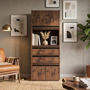 May include: A tall, dark wood storage cabinet featuring two upper doors, two central drawers, and two lower doors. The unit has a visible wood grain pattern and is positioned between a leather armchair and a potted plant in a room setting.