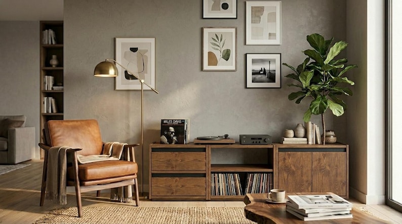 May include: A tan leather armchair with a wooden frame, a brass floor lamp, and a wooden media console featuring drawers and open shelving for vinyl records. The wall displays four framed prints, and a green potted plant sits on the console.