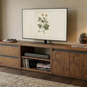 May include: A long wooden media console featuring two left-side drawers with dark grey accents, a central open shelving unit with a soundbar and books, and a right-side cabinet with two doors. A flat-screen television displays a botanical illustration.