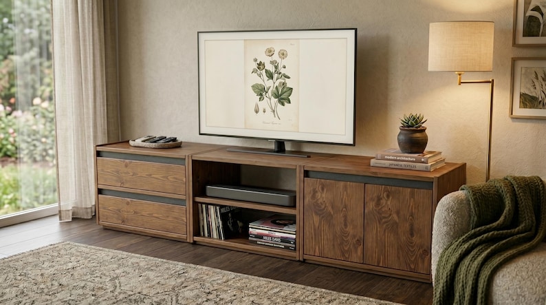 May include: A long wooden media console featuring two left-side drawers with dark grey accents, a central open shelving unit with a soundbar and books, and a right-side cabinet with two doors. A flat-screen television displays a botanical illustration.