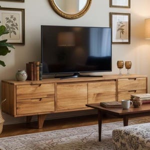 Meuble TV rustique en pin nordique - Console multimédia en bois massif faite main