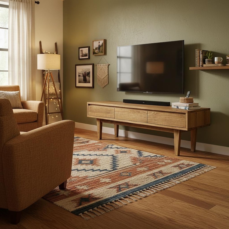 Solid Pine Low Board TV Stand | Nordic Rustic 3 Drawer Media Console image 1