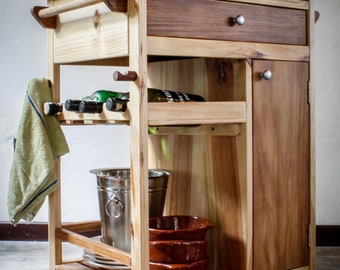 Table portable pour îlot de cuisine en bois avec casier à vin