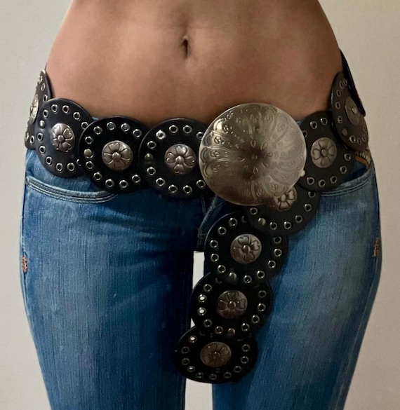 Y2K Concho Belt Disc Belt Ladies Vintage Style Belt Leather