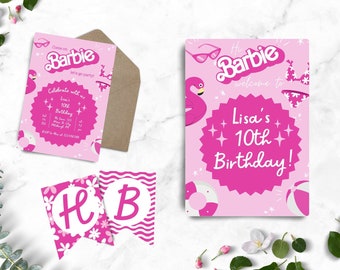 Doll Birthday Invitation Template Editable in Canva | Pink Doll Birthday Bundle | Girl Birthday Stationery | Doll Editable Template | BB1