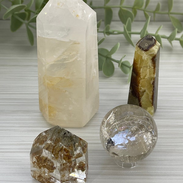 Set of 4 Crystals: Quartz, Septarian, Rutilated Quartz.  Rocks, Geodes, Gemstones, Metaphysical, Spiritual,  Minerals, Tower, Sphere