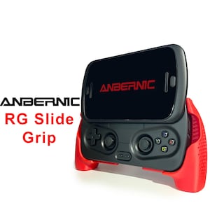May include: Black and red RG Slide Grip with the brand name ANBERNIC. The device has a black screen with the brand name ANBERNIC in red. The grip has a D-pad, buttons, and a joystick. The sides of the grip are red.