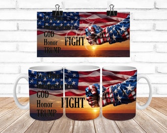 Vinilo para taza con diseño de Trump Fight, diseño patriótico por sublimación en formato PNG para descarga digital.
