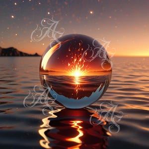 May include: A clear glass sphere reflecting a sunset over water. The sphere is partially submerged, with the sunset's fiery colours mirrored in the water's surface. The sky is a gradient of orange and gold, with faint stars.