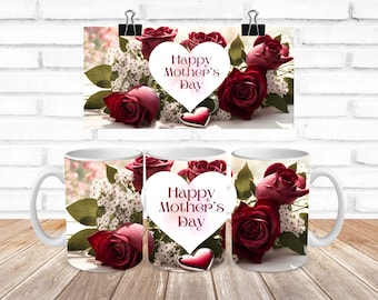 Floral Mother's Day Mug Wrap, Roses Heart Design (Digital Download)