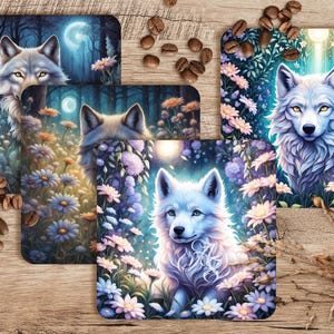 Op de afbeelding: Vier vierkante onderzetters met een witte wolf in een bloemenveld. De wolf wordt omringd door roze, paarse en blauwe bloemen. De achtergrond is een donker bos met een maan aan de hemel.