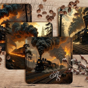 Steam Train Coaster Design Set, Sublimation Coaster PNG, Coaster Sublimation, Coaster PNG, 4in x 4in Set of 4, 300 DPI Png, Train Cars png