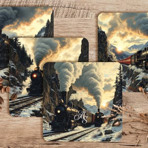 Steam Train Coaster Design Set, Sublimation Coaster PNG, Coaster Sublimation, Coaster PNG, 4in x 4in Set of 4, 300 DPI Png, Train Cars png