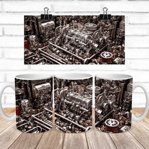 Auto Motor Kaffeetasse Wrap Design, Sublimation von Motorteilen, Mechaniker Geschenk PNG, benutzerdefinierte Ausrüstung Kaffeetasse