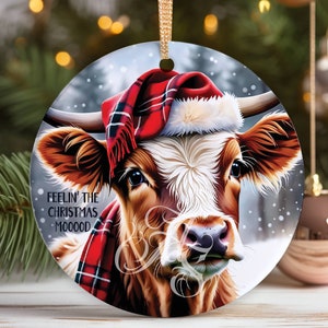 Highland Cow Christmas Ornament PNG, Round Sublimation Design, Nostalgic Farm Holiday Clip Art, Digital Download, Farm Ornament png