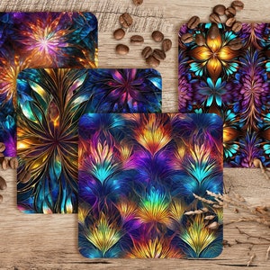 Neon Floral Sublimation Coaster Set, 4x4 PNGs, 300 DPI, Floral Coaster Design, Sublimation PNG for Coasters, Set of 4