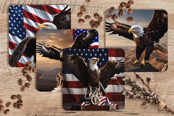 Eagle Coaster Sublimation PNG Set of 4 – 4"x4" Patriotic Americana PNG, Digital Download for Coaster Designs, 300 DPI