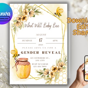 Gender Reveal Invitation, Honey Bee Gender Reveal, Neutral Gender Reveal Invitation, Digital Download, Editable Template