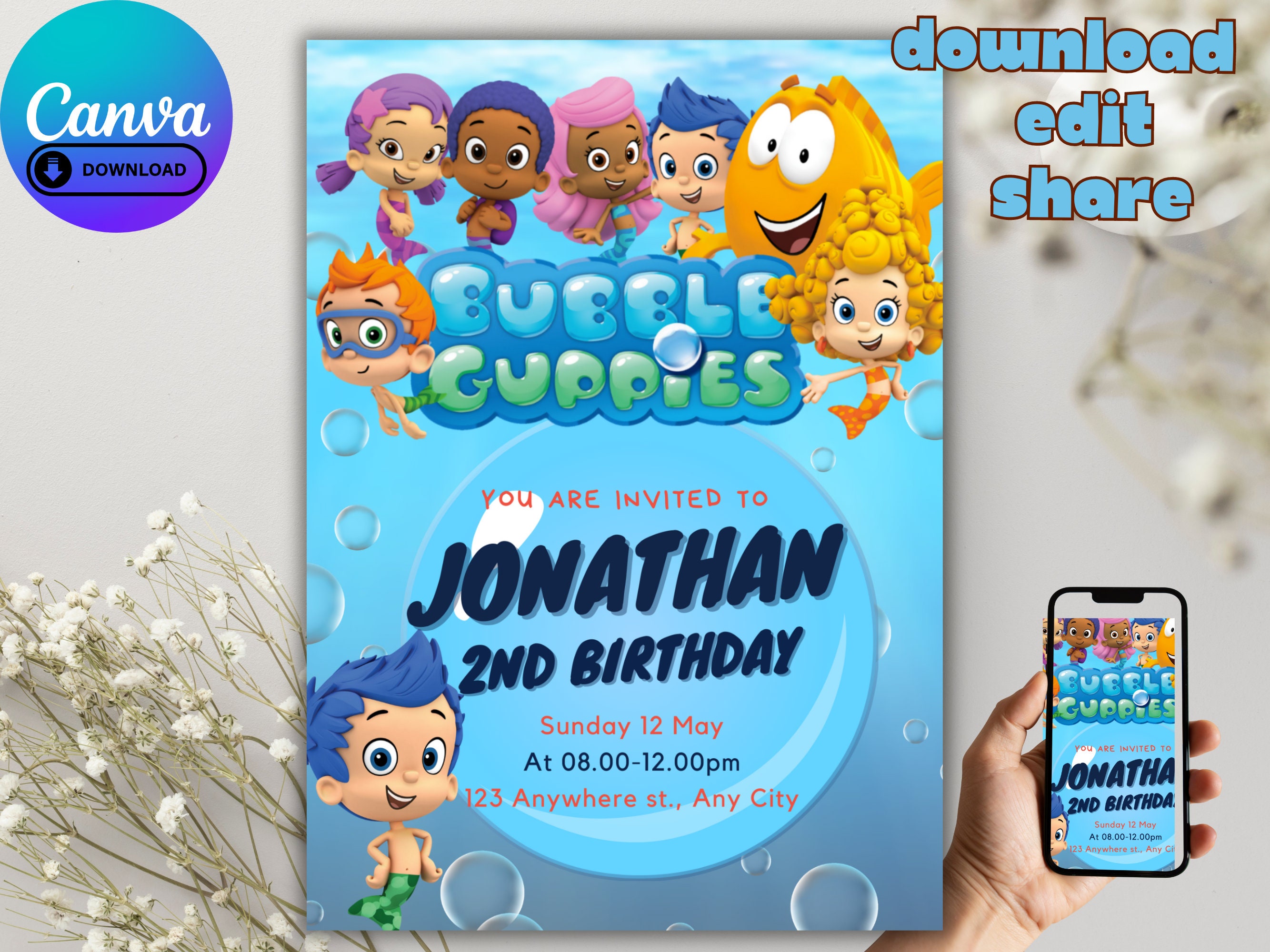 Bubble Guppies Birthday Invitation Template, Instant Download Bubble ...