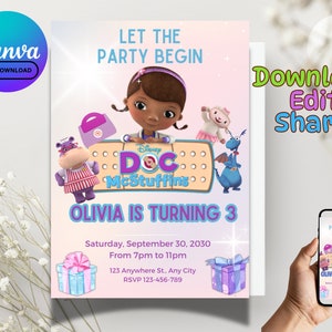Doc McStuffins Birthday Invitation, Digital Download, Instant download editable invitation, Doc McStuffins Party