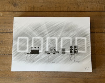 May include: A black and white pencil drawing of a stage setup with a drum set, a keyboard, a speaker, and a microphone stand. The stage is lit by spotlights and there are five rectangular frames behind the instruments.
