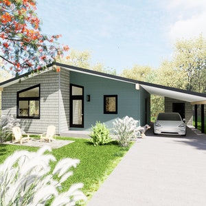 Huisplan uit het midden van de eeuw met 2 slaapkamers / 2 badkamers / blauwdruk klein huis | Aangepaste blauwdruk 1088 SF modern huis | Klein huisje ADU