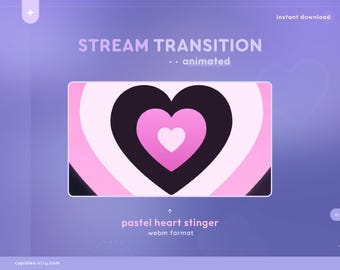 Puede incluir: Transición animada en forma de corazón de color rosa pastel y negro para streaming. El texto "STREAM TRANSITION...animated" está en la parte superior de la imagen. El texto "pastel heart stinger...webm format" está en la parte inferior de la imagen.