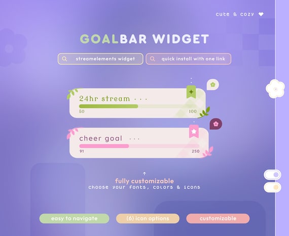 Cozy Flower Stream Goal Widget for Twitch Streamers | Fully Customizable | Streamelements, OBS Studio | Animated | Coworking - Quick Install