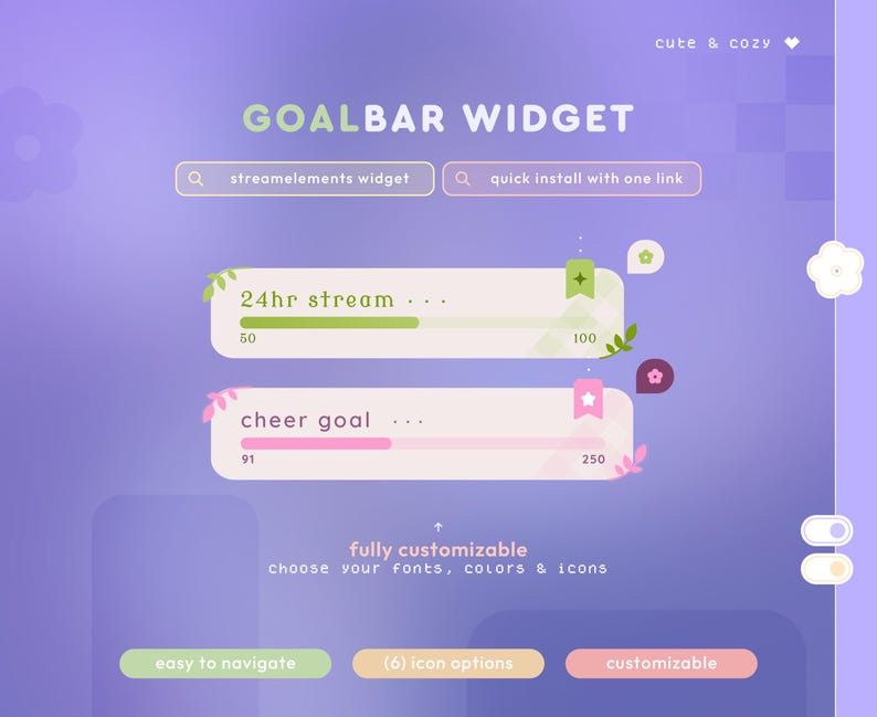 K&ouml;nnte beinhalten: Ein anpassbares Zielbalken-Widget mit einem niedlichen und gem&uuml;tlichen Design. Das Widget verf&uuml;gt &uuml;ber zwei Fortschrittsbalken, einen f&uuml;r einen 24-Stunden-Stream und einen f&uuml;r ein Cheer-Ziel. Das Widget ist vollst&auml;ndig anpassbar mit Optionen f&uuml;r Schriftarten, Farben und Symbole.