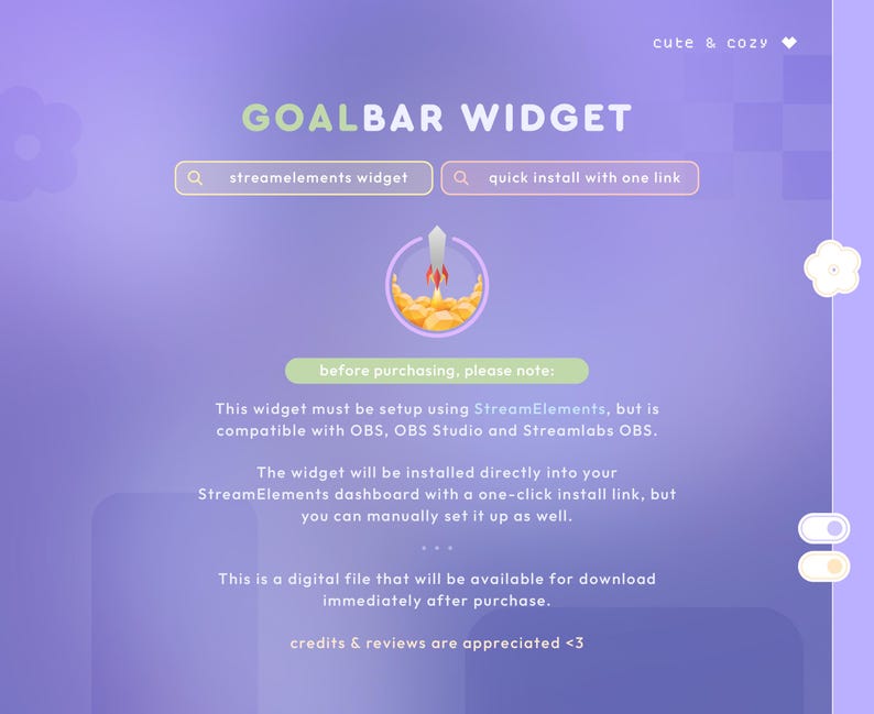 K&ouml;nnte beinhalten: Eine violette und rosafarbene Website mit dem Text "GOALBAR WIDGET" in Wei&szlig;. Die Website hat eine Suchleiste mit dem Text "streamelements widget" und ein Raketen-Symbol. Der Text "vor dem Kauf bitte beachten:" befindet sich in einem gr&uuml;nen Kasten. Der Text unter dem gr&uuml;nen Kasten lautet: "Dieses Widget muss mit StreamElements eingerichtet werden, ist aber mit OBS, OBS Studio und Streamlabs OBS kompatibel. Das Widget wird direkt in Ihrem StreamElements-Dashboard mit einem Ein-Klick-Installationslink installiert, aber Sie k&ouml;nnen es auch manuell einrichten. Dies ist eine digitale Datei, die sofort nach dem Kauf zum Download verf&uuml;gbar ist. Credits & Bewertungen werden gesch&auml;tzt <3"