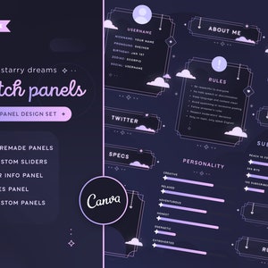 52 paneles personalizables de Twitch con deslizadores de Starry Dreams / Personalizables en Canva / Estética / Pastel / Morado / Paneles rosas / Brillantes / VTuber