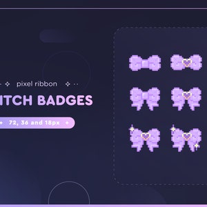 Op de afbeelding: Set van zes Twitch-badges in pixel art met een paarse strik met een klein roze hartje in het midden. De badges zijn in drie maten verkrijgbaar: 72, 36 en 18 pixels.