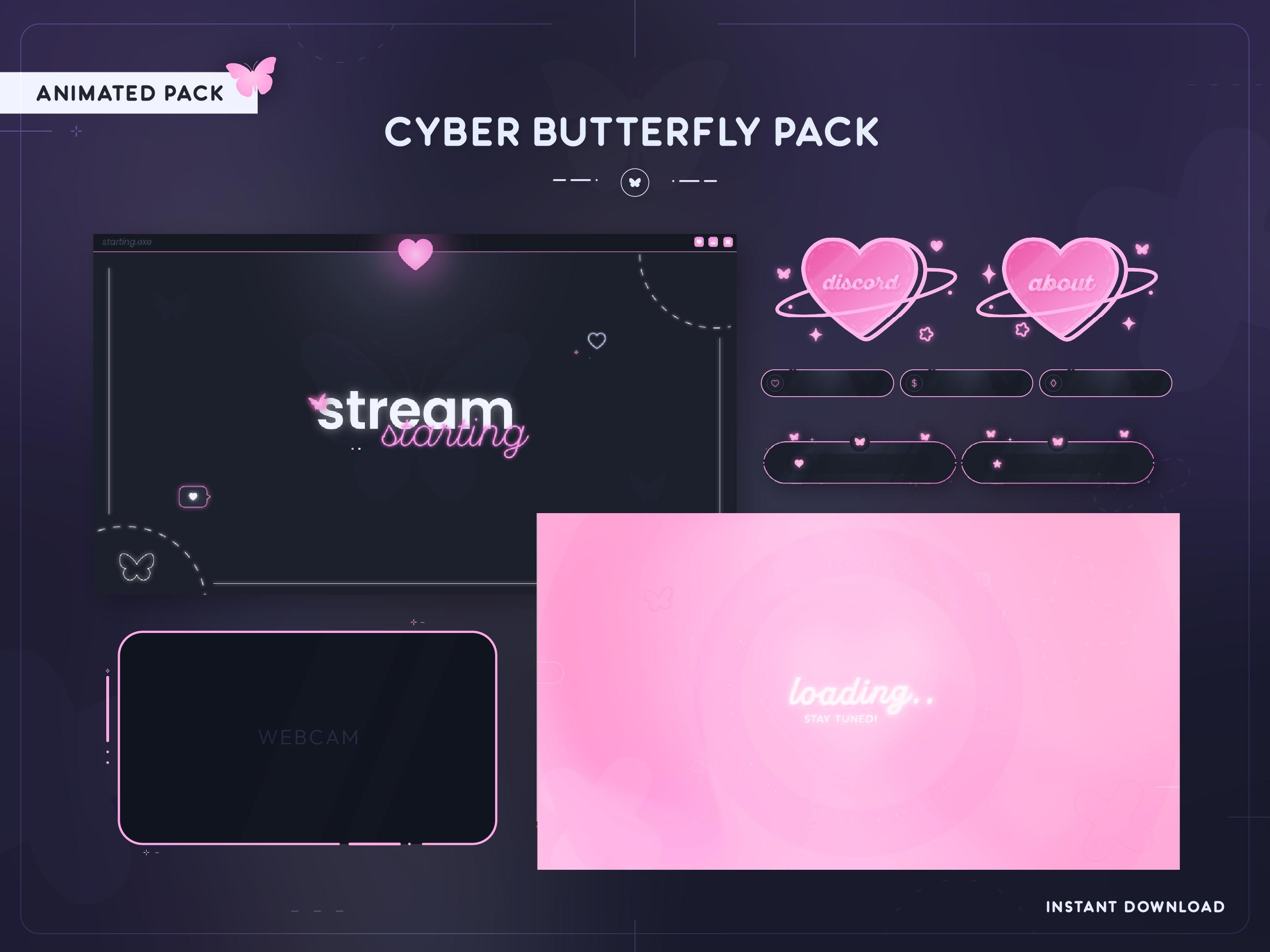Cyber Butterfly Twitch Pack - Animated | Screens, Alert Bars, Panels, Alerts | Butterfly | Pastel | Pink | Y2K | Internet Aesthetic