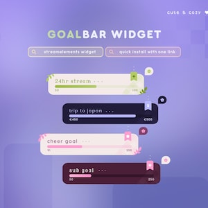 K&ouml;nnte beinhalten: Ein lila und wei&szlig;er Hintergrund mit dem Text "GOALBAR WIDGET" in Schwarz. Es gibt vier Fortschrittsbalken mit verschiedenen Farben und Beschriftungen: "24hr stream", "trip to japan", "cheer goal" und "sub goal".