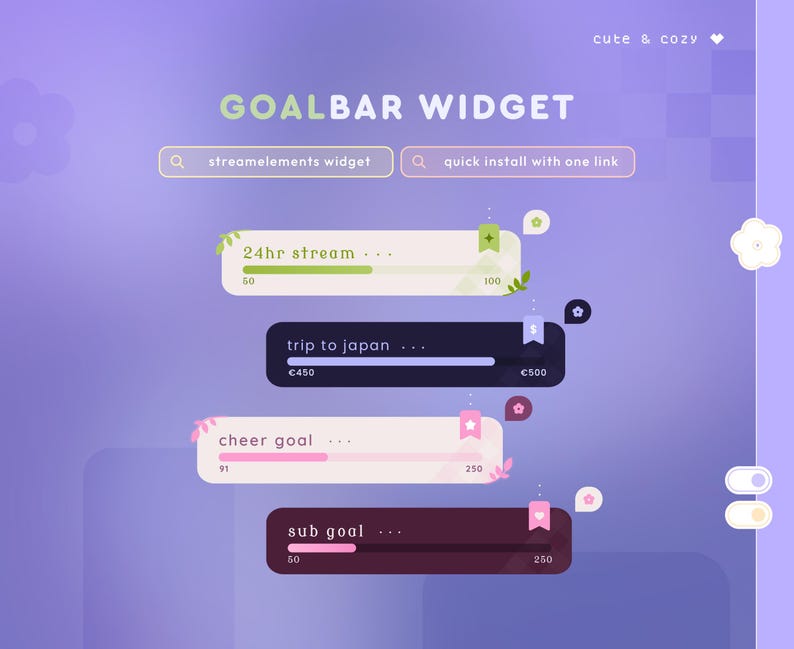 K&ouml;nnte beinhalten: Ein lila und wei&szlig;er Hintergrund mit dem Text "GOALBAR WIDGET" in Schwarz. Es gibt vier Fortschrittsbalken mit verschiedenen Farben und Beschriftungen: "24hr stream", "trip to japan", "cheer goal" und "sub goal".