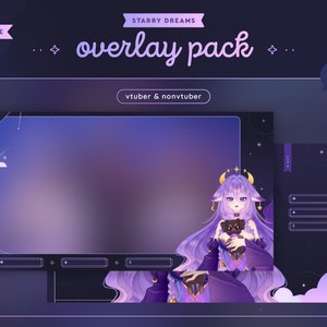 Peut inclure: Pack de superposition violet et noir pour les streamers et les non-streamers. La superposition présente un personnage d'anime aux cheveux violets avec un petit animal en peluche. La superposition a un fond de ciel nocturne étoilé avec des nuages.