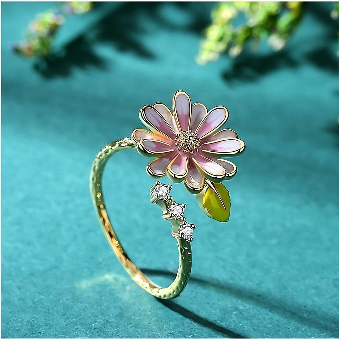 Adjustable Flower Daisy Diamond Golden Open Ring, Gold Plated Ring ...