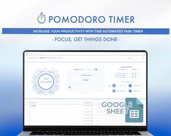 Könnte beinhalten: Ein Laptop-Computer, auf dem eine Webanwendung für einen Pomodoro-Timer angezeigt wird. Die Anwendung trägt den Titel "Pomodoro Timer" und hat ein blaues und weißes Farbschema. Die Anwendung umfasst einen Timer, eine Aufgabenliste und eine Fortschrittsanzeige. Die Anwendung ist in Google Sheets integriert. Der Text auf dem Bildschirm lautet "Steigern Sie Ihre Produktivität mit diesem automatisierten Aufgaben-Timer - Konzentrieren Sie sich, erledigen Sie die Dinge -"