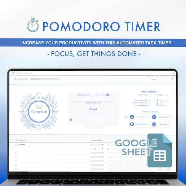 Pomodoro Task Doer - Google Sheets 2024 Productivity Planner Template for increased focus | Students and professionals - Get things done!