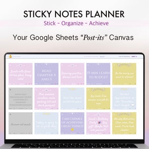 Könnte beinhalten: Ein Laptop-Bildschirm zeigt eine Google Sheets-Tabelle mit bunten Haftnotizen. Die Notizen enthalten Text wie "Kapitel 4 und 5 lesen", "Sommerurlaub planen", "35 Minuten lernen, ein Budget zu erstellen" und "Ich bin in der Lage, Großes zu leisten".