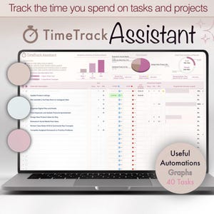 TimeTrack Assistant / Time Tracker & Productivity Manager / Modello di Fogli Google per la gestione del tempo e il monitoraggio degli obiettivi / Design rilassante
